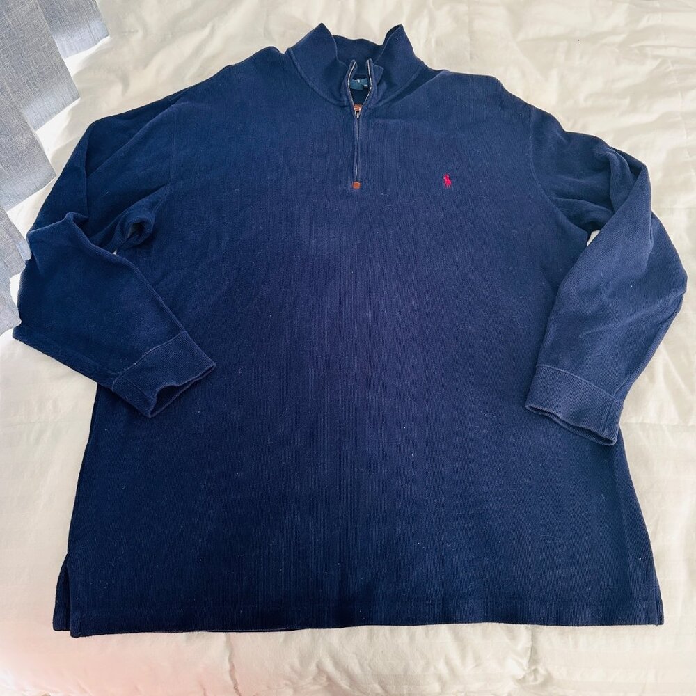 Polo Ralph Lauren Pullover Mens 2XLT Sweater Quarter Zip Navy Leather Tab
